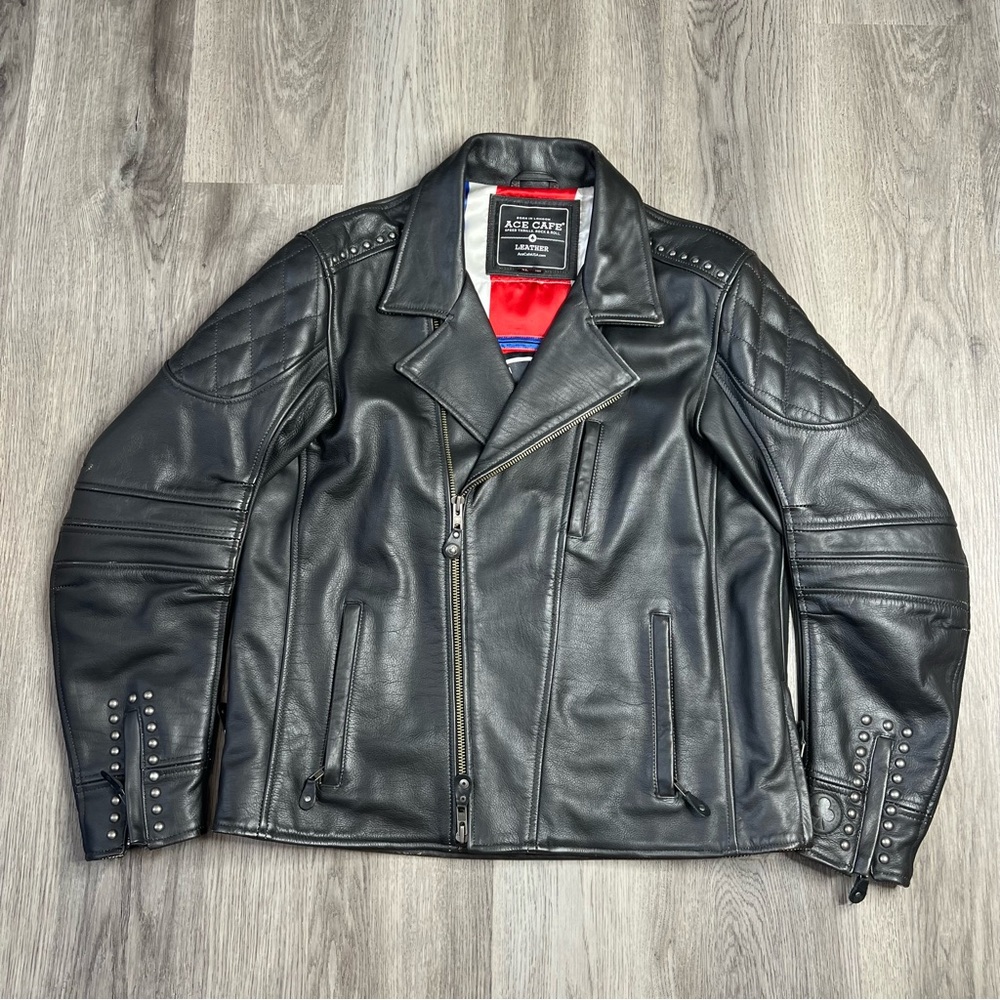 Ace Cafe London Ton Up Vintage Leather Jacket‎ Men’s XL Zip Motorcycle Patches